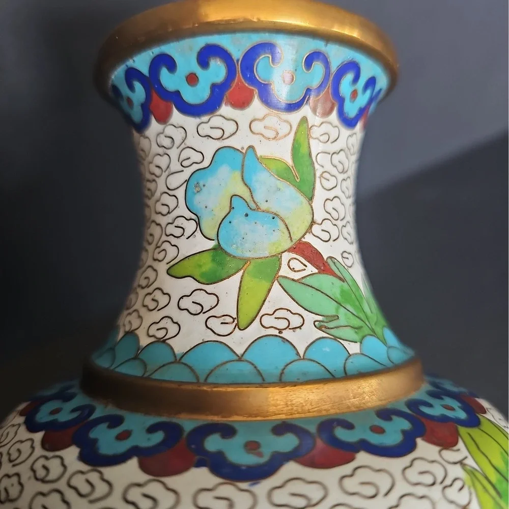 Vintage Cloisonne Flower Floral Enamel Brass Vase 7.5